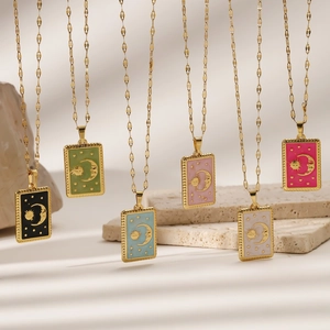 Vintage 18K Gold Plated Stainless Steel Tarot Card Sun Moon Pendant Necklace For Women Enamel Mystical Astrology Jewelry