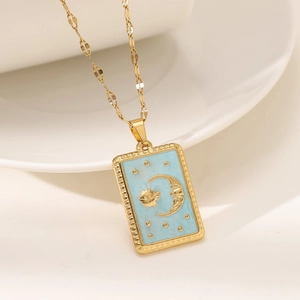 Golden tarot sun and moon square pendant necklace with light blue enamel on unique lip chain