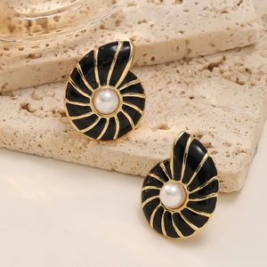 Conch shaped stainless steel pearl earrings with gold finish and black enamel texture