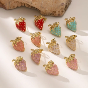 Stainless Steel Strawberry Stud Earrings Colorful Enamel 18K Gold Plated Fruit Jewelry For Women Sweet Fashion Gift