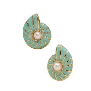 Fashionable 304 stainless steel conch earrings with mint enamel and pearls