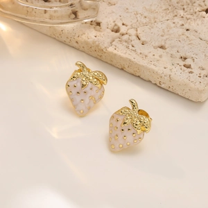 Elegant strawberry stud earrings in 304 stainless steel with pink enamel finish