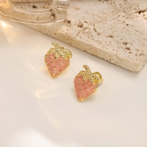 Pink enamel strawberry stud earrings in 304 stainless steel with gold leaf accents