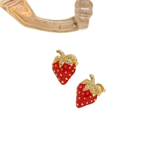 Fashionable 304 stainless steel strawberry stud earrings with red enamel and gold details