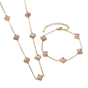 Set di gioielli in acciaio inossidabile dorato con collana e bracciale in zircone rosa