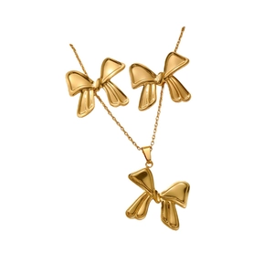 Vintage gold-plated stainless steel jewelry set featuring bow-knot necklace and earrings
