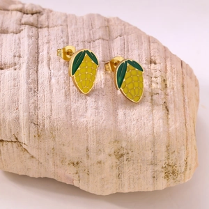 Creative corn-shaped stud earrings with gold metal base and yellow enamel details