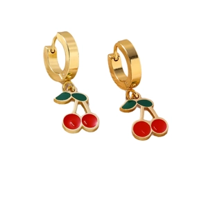 Creative cherry fruit dangle earrings with gold rings and red enamel finish