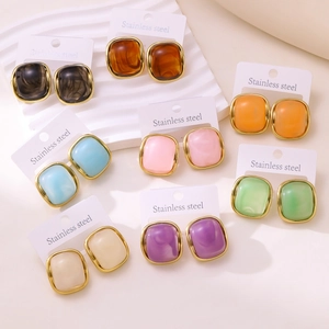 Chic gold-plated stainless steel square earrings with colorful resin inserts in 8 variants