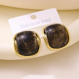 Elegant vintage square titanium steel earrings with dark gray resin and gold plating