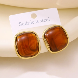 Square amber resin stud earrings with premium polished gold stainless steel frame