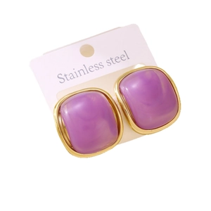 Elegant purple resin square stud earrings with gold stainless steel frames on white card