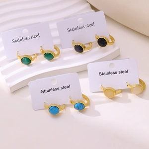 Orecchini a Cerchio Huggie in Acciaio Inossidabile Placcato Oro 18K per Donna Pietra Occhio di Gatto Incastonata Gioielli Geometrici
