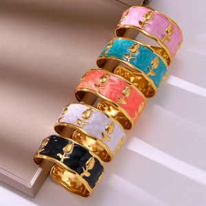 Vintage French Style Rose Flower Enamel Stainless Steel C-Shape Open Bracelet For Women Elegant 18K Gold Plated Bangle Jewelry Gift