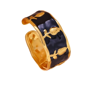 Vintage gold and black enamel open cuff ring with 3D rose flower design for women