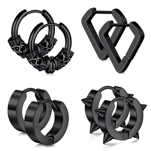Set mit 4 Paar schwarzen Edelstahl-Ohrringen mit Punk-Nieten und Drachenmotiven