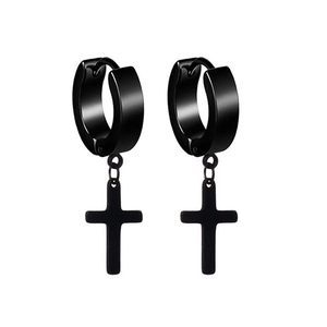 Black stainless steel cross pendant earrings set in punk minimalist street style