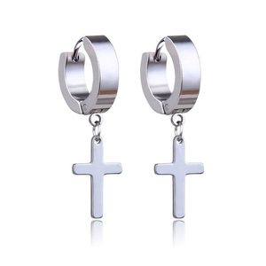 Detailed view of polished stainless steel hoop earrings with hanging cross pendants