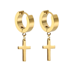 Polished gold stainless steel hoop earrings with hanging cross charm on white background