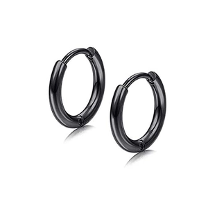 Polished black stainless steel hoop earrings with snap closure for unisex minimalist style
