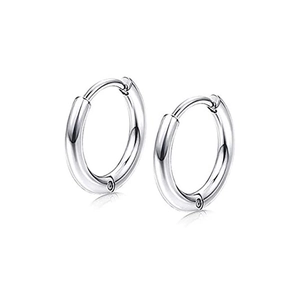 Close-up of polished stainless steel hoop earrings with a secure folding clasp closure