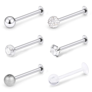 6er-Set Labret-Piercings aus Edelstahl mit Zirkonia- und Acrylkugel-Aufsätzen