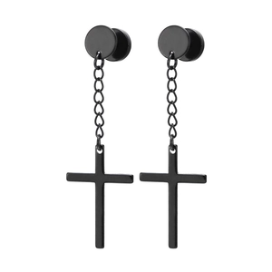 Detail of matte black stainless steel cross drop earrings with round stud and chain