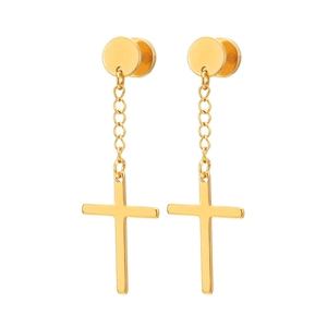 Detailed close-up of polished gold-plated stainless steel cross dangle earrings