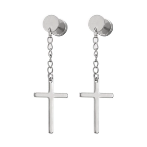 Detailed close-up of polished stainless steel cross drop earrings on white background