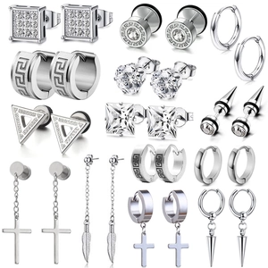 Set of 12 pairs stainless steel silver earrings with cross, leaf pendants and CZ studs
