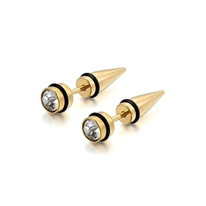 Detail of gold spike stud earrings with clear cubic zirconia and punk style backings