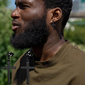 6-pair set of matte black stainless steel cross pendant earrings and ball studs for men