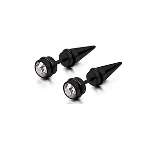 Close-up of black punk stud earrings with round zircon and sharp spike design detail