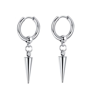 Polished stainless steel hoop earrings with silver cone pendants in punk style
