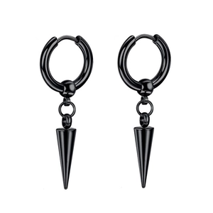 Detail view of black stainless steel huggie earrings with sharp cone spike pendants
