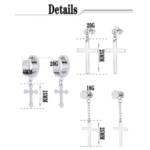Set of 6 stainless steel hoop earrings with cross pendants and detailed dimensions