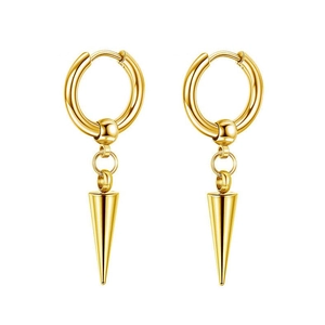 Detailed close-up of golden cone pendant earrings with polished mirror finish and hoop