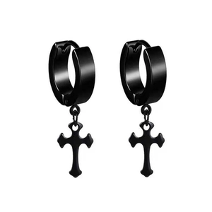 Detail of black stainless steel hoop earrings with cross pendant on white background