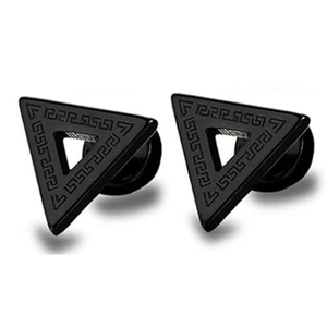 Close-up of black triangle stud earrings featuring engraved Greek meander pattern