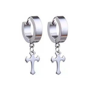 Detailed view of silver stainless steel hoop earrings with cross pendants for unisex style