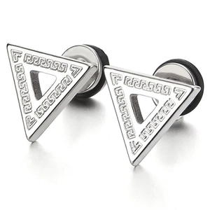 Macro view of silver stainless steel triangle stud earrings with Greek Key engraving pattern