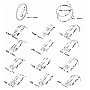 21-piece stainless steel nose ring set with cubic zirconia in various sizes and styles