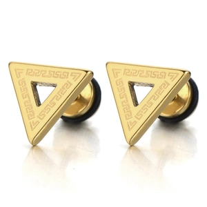 Macro shot of gold stainless steel triangle earrings with Greek key pattern engraving