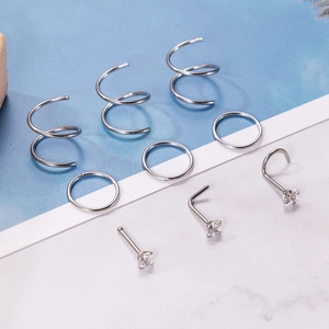 21-piece stainless steel nose ring set with cubic zirconia in assorted styles and silver finish