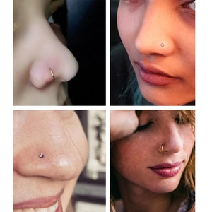 Detail shots of gold nose rings and diamond nose studs on a person's nose wings