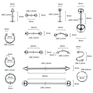 Set de 150 bijoux de piercing corporel en acier inoxydable avec tableau des tailles détaillé