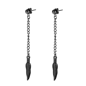 Detail view of black stainless steel drop earrings with long feather pendant and bead stud
