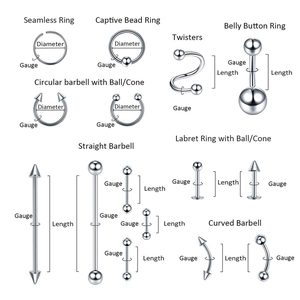 Guide de mesure pour kit de piercing 150 pièces avec anneaux et barres en acier