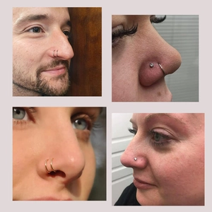Detail shot of stainless steel nose rings and diamond studs shown in four style variations