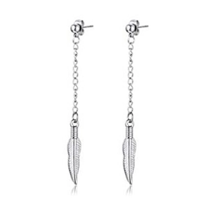 Detailed close-up of stainless steel earrings with long chain and textured leaf pendants